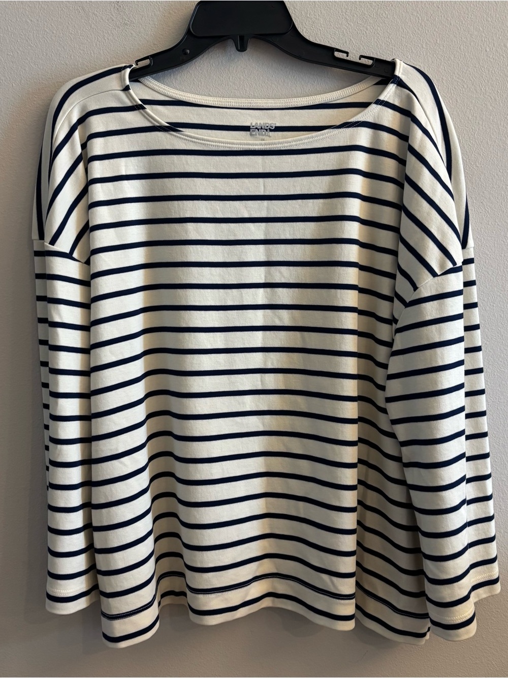 Lands' End Women's White and Navy Striped 3/4 Sleeve Boatneck Top 2XL